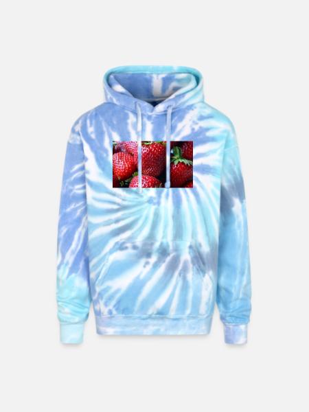 Crimson Strawberry Closeup - Adult Tie Dye Hoodie - blue lagoon