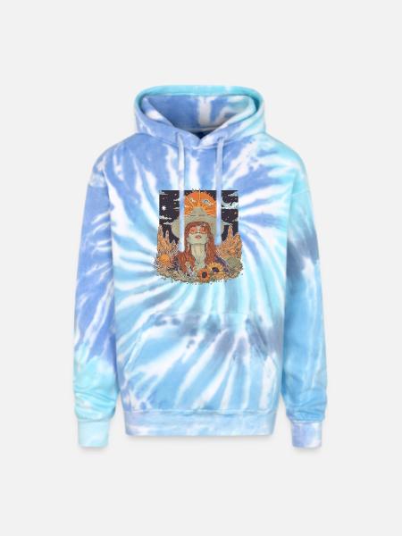 Mystic Sunflower Dreamer Illustration - Adult Tie Dye Hoodie - blue lagoon