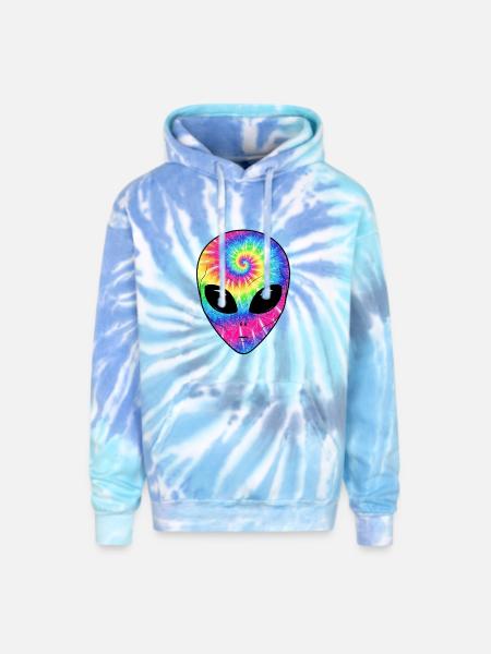 Psychedelic Alien TieDye Face - Adult Tie Dye Hoodie - blue lagoon