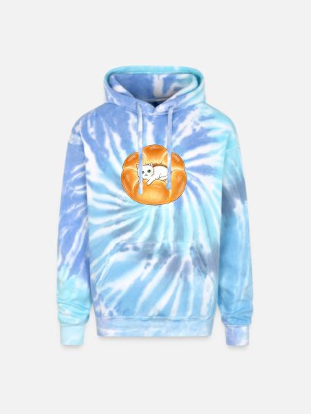 Whimsical Cat in Bread Illustration - Adult Tie Dye Hoodie - blue lagoon