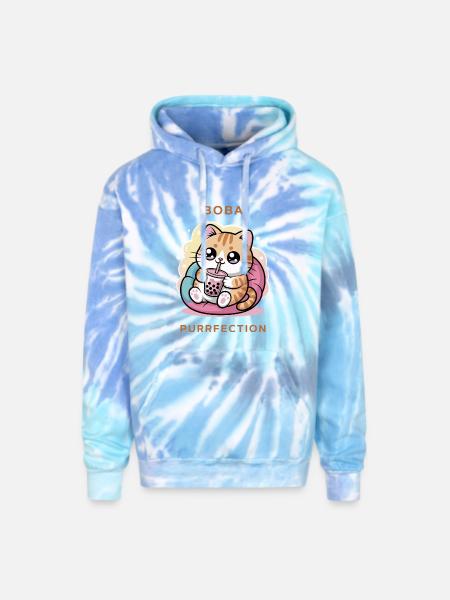Boba Cat Purrfection - Adult Tie Dye Hoodie - blue lagoon