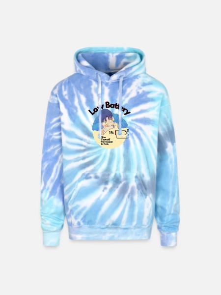 Permission to Rest Battery - Adult Tie Dye Hoodie - blue lagoon