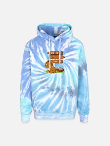 Cute Dinosaur with Playful Signpost - Adult Tie Dye Hoodie - blue lagoon
