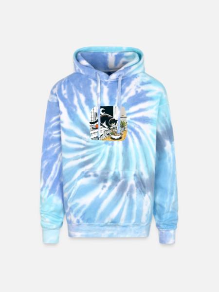 Moonlit Cat Noodle Quest - Adult Tie Dye Hoodie - blue lagoon
