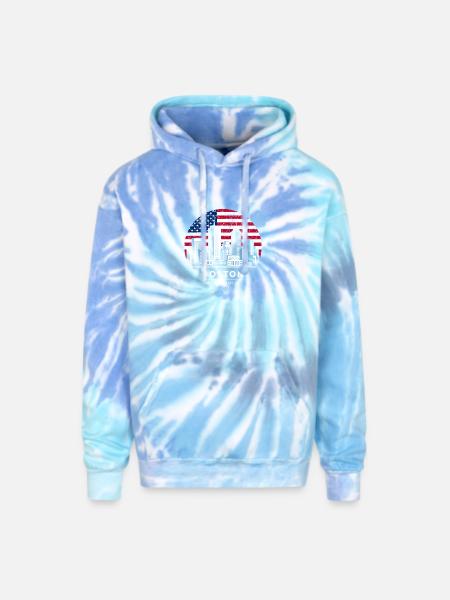 Boston Skyline Flag Emblem - Adult Tie Dye Hoodie - blue lagoon