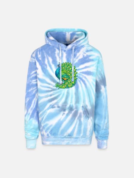Vivid Peacock Cascade - Adult Tie Dye Hoodie - blue lagoon