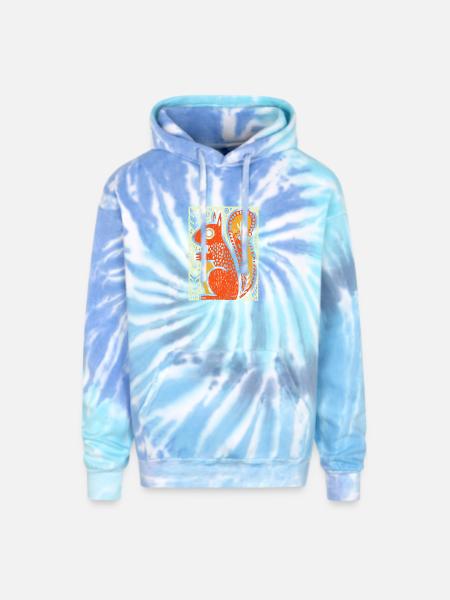 Squirrel in Rustic Woodcut - Adult Tie Dye Hoodie - blue lagoon