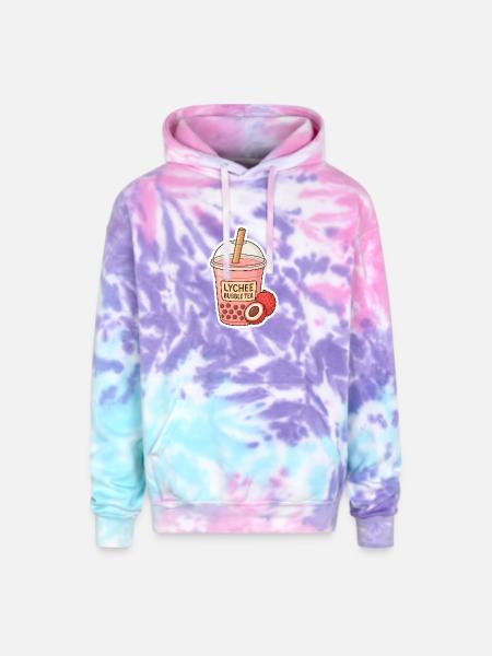 Lychee Bubble Tea Illustration - Adult Tie Dye Hoodie - cotton candy