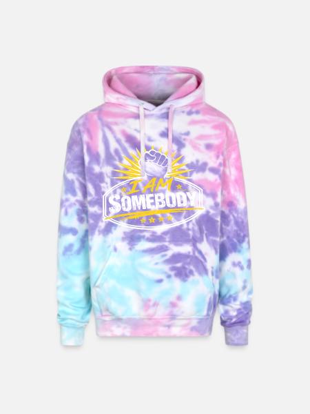I Am Somebody Sunburst Badge - Adult Tie Dye Hoodie - cotton candy