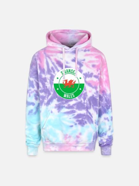 Dragon Crest Swansea Wales - Adult Tie Dye Hoodie - cotton candy