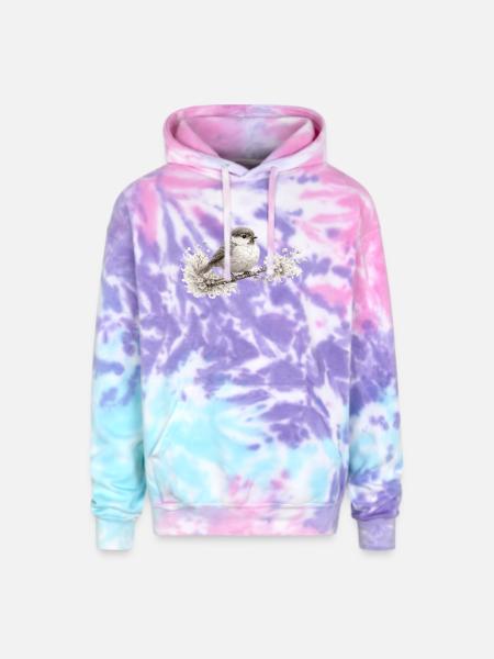 Small Bird in Bloom – Monochrome Woodland - Adult Tie Dye Hoodie - cotton candy