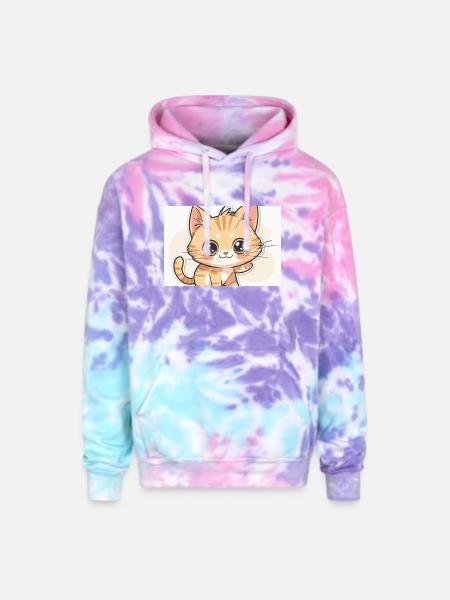 Waving Kawaii Orange Tabby - Adult Tie Dye Hoodie - cotton candy