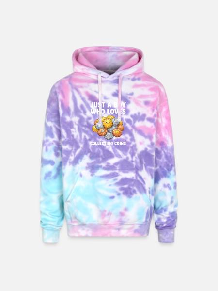 Coin-Loving Boy Collecting Coins - Adult Tie Dye Hoodie - cotton candy
