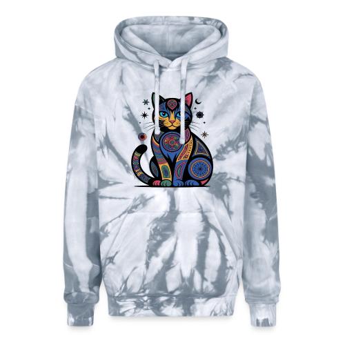 Vibrant Geometric Cat Mandala - Adult Tie Dye Hoodie