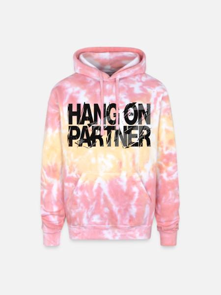 Hang On Partner Distressed Text - Adult Tie Dye Hoodie - funnel cake