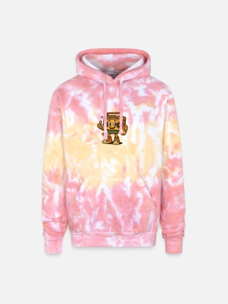 Cheery Boombox Mascot in Sneakers - Adult Tie Dye Hoodie - funnel cake