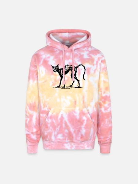 Spooky Black Cat : Charcoal Sketch - Adult Tie Dye Hoodie - funnel cake
