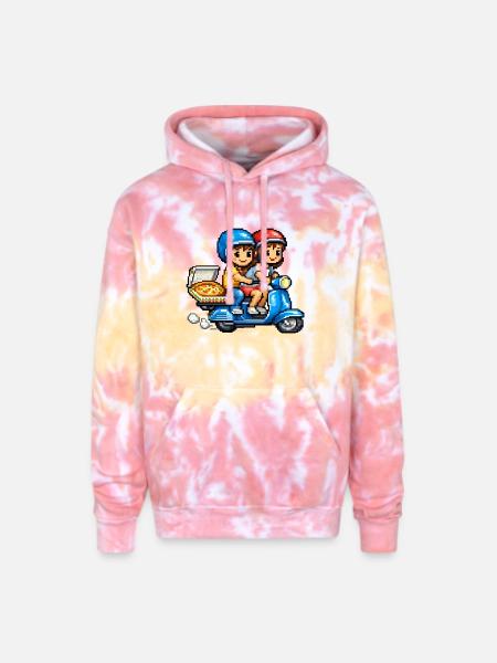 Boy and Girl on Vespa with Pizza! - Adult Tie Dye Hoodie - funnel cake