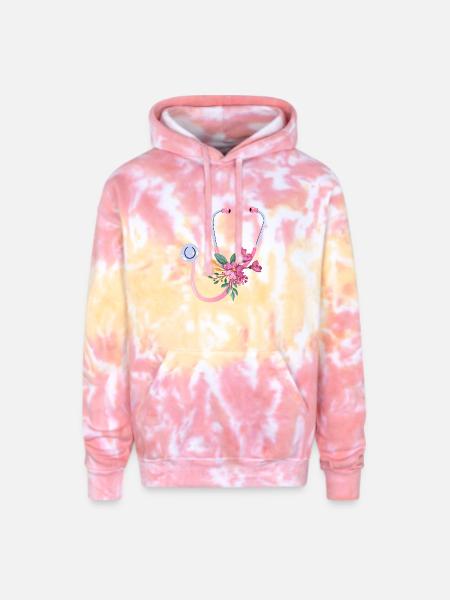 Floral Stethoscope - Adult Tie Dye Hoodie - funnel cake