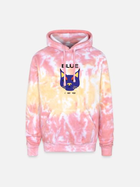 Blue Cat Face Pop Art - Adult Tie Dye Hoodie - funnel cake