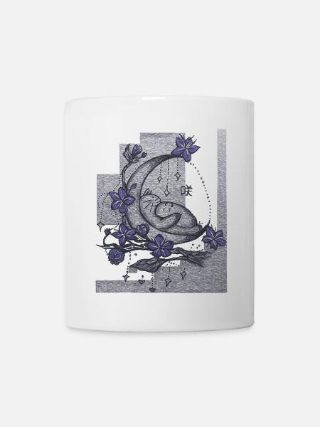 Moonlit Cat Among Violet Blooms - Coffee/Tea Mug - white
