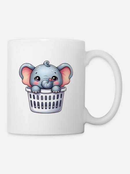 Blue Baby Elephant in Basket - Coffee/Tea Mug - white