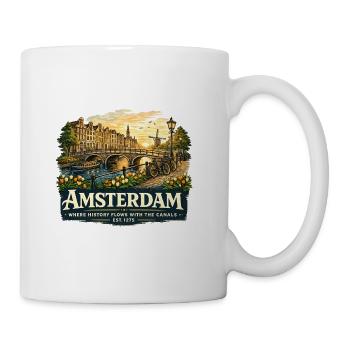 Amsterdam Travel Poster | Canal Houses & Windmill - Coffee/Tea Mug - white - Right