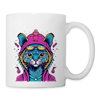 Light Blue Cat Wearing Pink Hoodie Doodle - Coffee/Tea Mug - white - Right