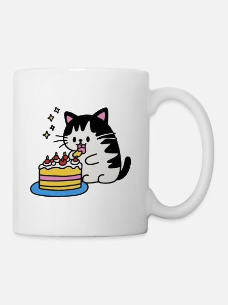 Cat Celebrates Cake - Coffee/Tea Mug - white