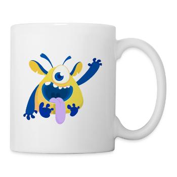 Cute Yellow One Eyed Waving Monster Illustration - Coffee/Tea Mug - white - Right
