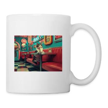 Cat taking a milk break at a diner - Coffee/Tea Mug - white - Right