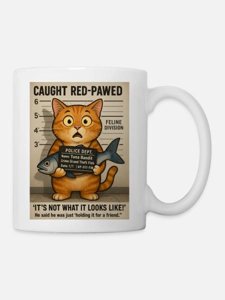 Caught Red-Pawed – The Tuna Bandit Mugshot Cat Des - Coffee/Tea Mug - white