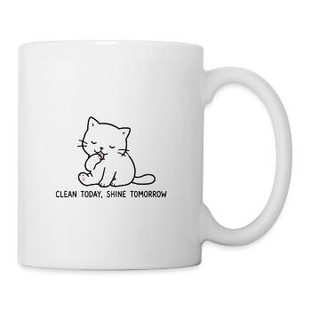 Clean Today Shine Tomorrow Cute Grooming Cat Art - Coffee/Tea Mug - white - Right