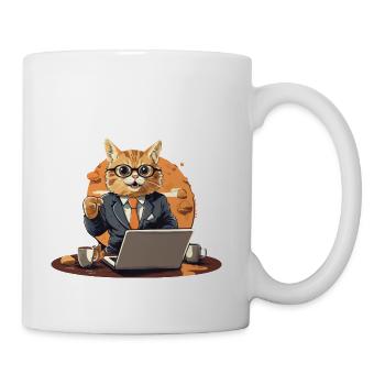 CEO cat in suit with laptop and coffee - Coffee/Tea Mug - white - Right