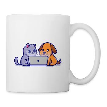 Cute Dog And Cute Cat Watching Together On Laptop - Coffee/Tea Mug - white - Right