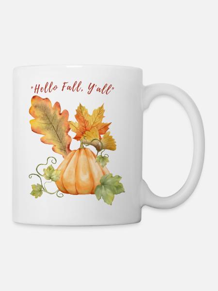 Hello Fall Y'all CozyAutumn Leaves and Pumpkin Des - Coffee/Tea Mug - white