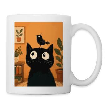 Black Cat With Bird On Head Cute Whimsical Botanic - Coffee/Tea Mug - white - Right