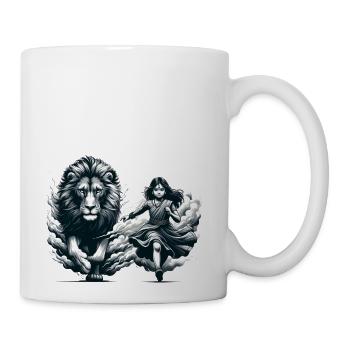 "Graceful Harmony: Girl Running with Lion in Gray - Coffee/Tea Mug - white - Right