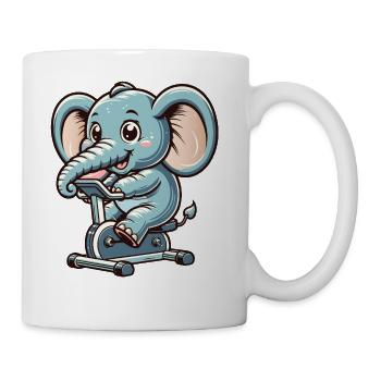 blue cartoon elephant on an ergometer - Coffee/Tea Mug - white - Right