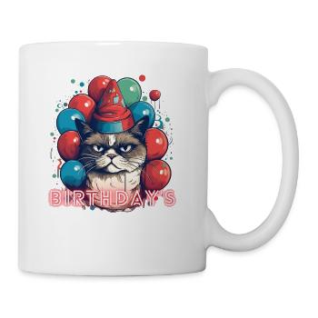 Grumpy Birthday Cat With Ballons - Coffee/Tea Mug - white - Right