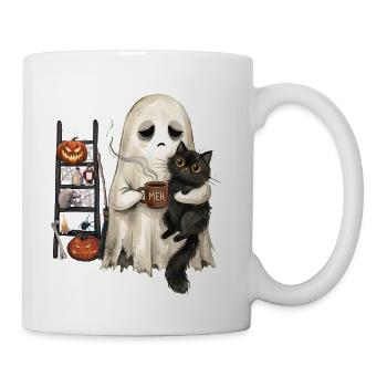Funny Meh Ghost Cat Spooky Black Cat Halloween  - Coffee/Tea Mug - white - Right