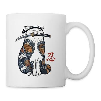 Cute Japanese Samurai Cat Katana Ninja Art - Coffee/Tea Mug - white - Right