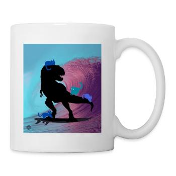 Dino Surfing wth Blue Cats - Storyteller  - Coffee/Tea Mug - white - Right