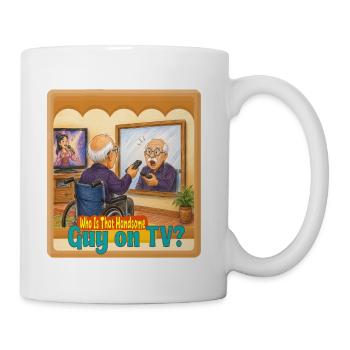 Funny Grandpa Confusing Mirror with TV Drawing - Coffee/Tea Mug - white - Right