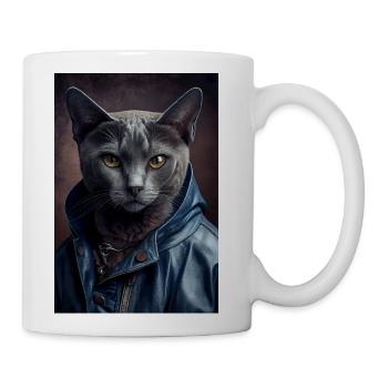 Russian Blue Cat Breed Portrait wears a leather j - Coffee/Tea Mug - white - Right