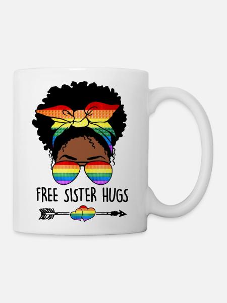 Free Sister Hugs Messy Bun Lgbt Pride Month Black - Coffee/Tea Mug - white