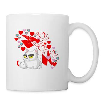 Grouchy cat raining hearts - Coffee/Tea Mug - white - Right