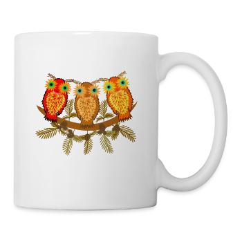 Three colorful owls with pine tree branches - Coffee/Tea Mug - white - Right