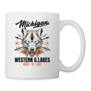 Western great lakes Michigan home of the wolf - Coffee/Tea Mug - white - Right