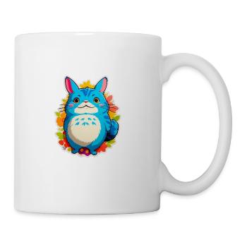 Cute blue cartoon cat with flowers - Coffee/Tea Mug - white - Right